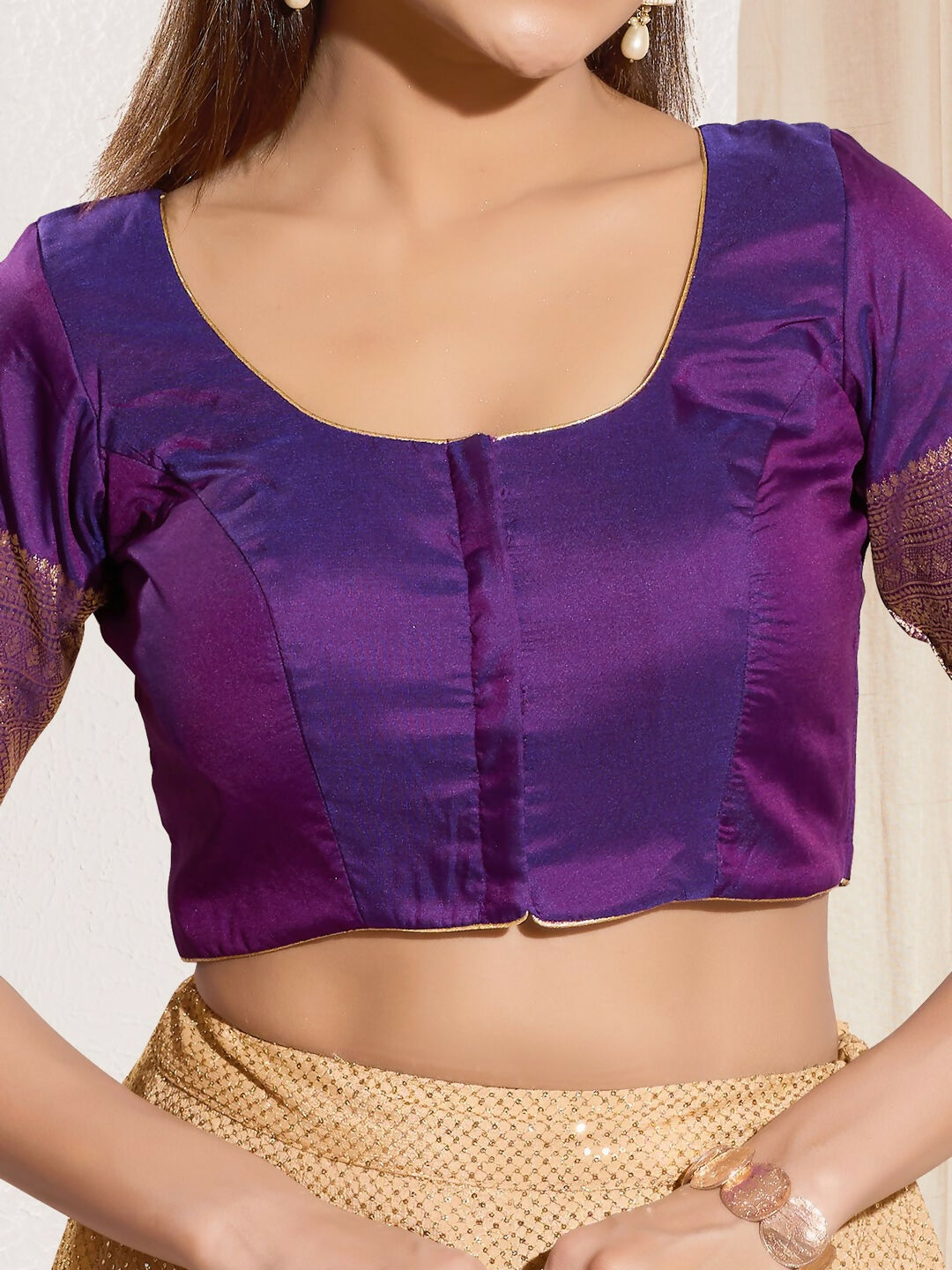 Joban Fashion Brinjal Tafeta Silk Padded Blouse With Round Neck Elbow Sleeves - Distacart