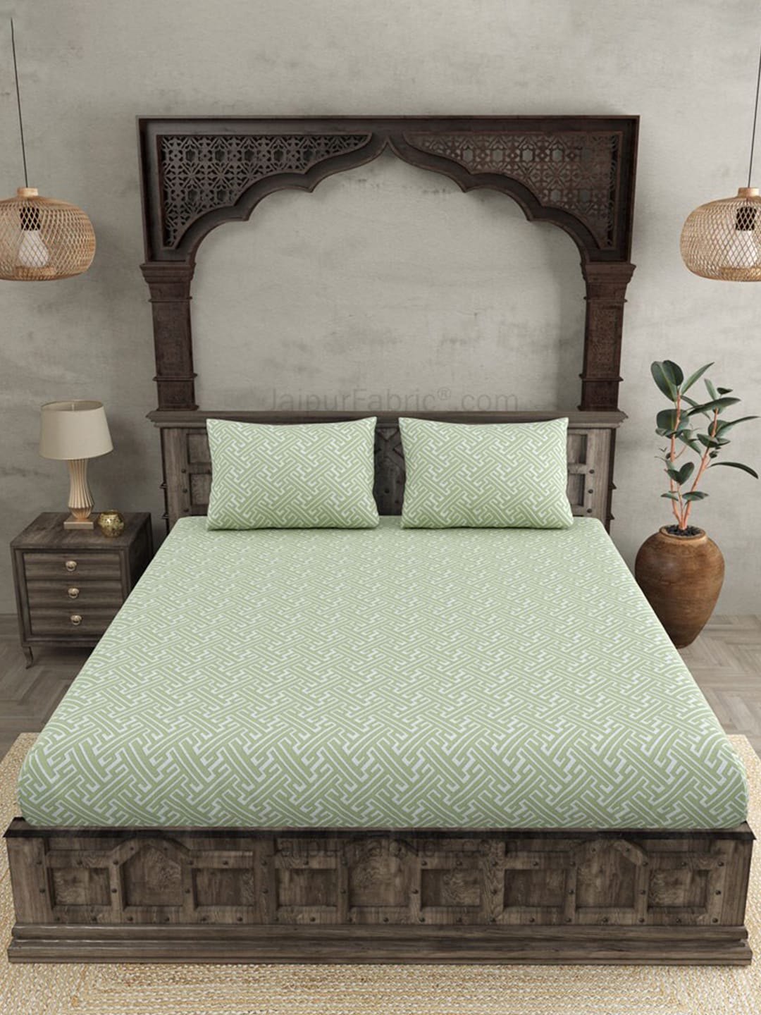 JAIPUR FABRIC Green & White Ethnic Motifs 250 TC Cotton King Bedsheet with 2 Pillow Covers