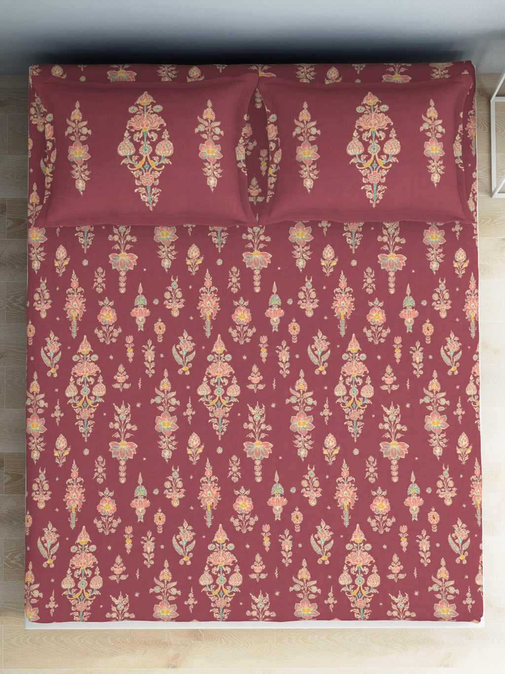 SPACES Aurum Red Ethnic Motifs Pure Cotton 140 TC Queen Bedsheet with 2 Pillow Covers