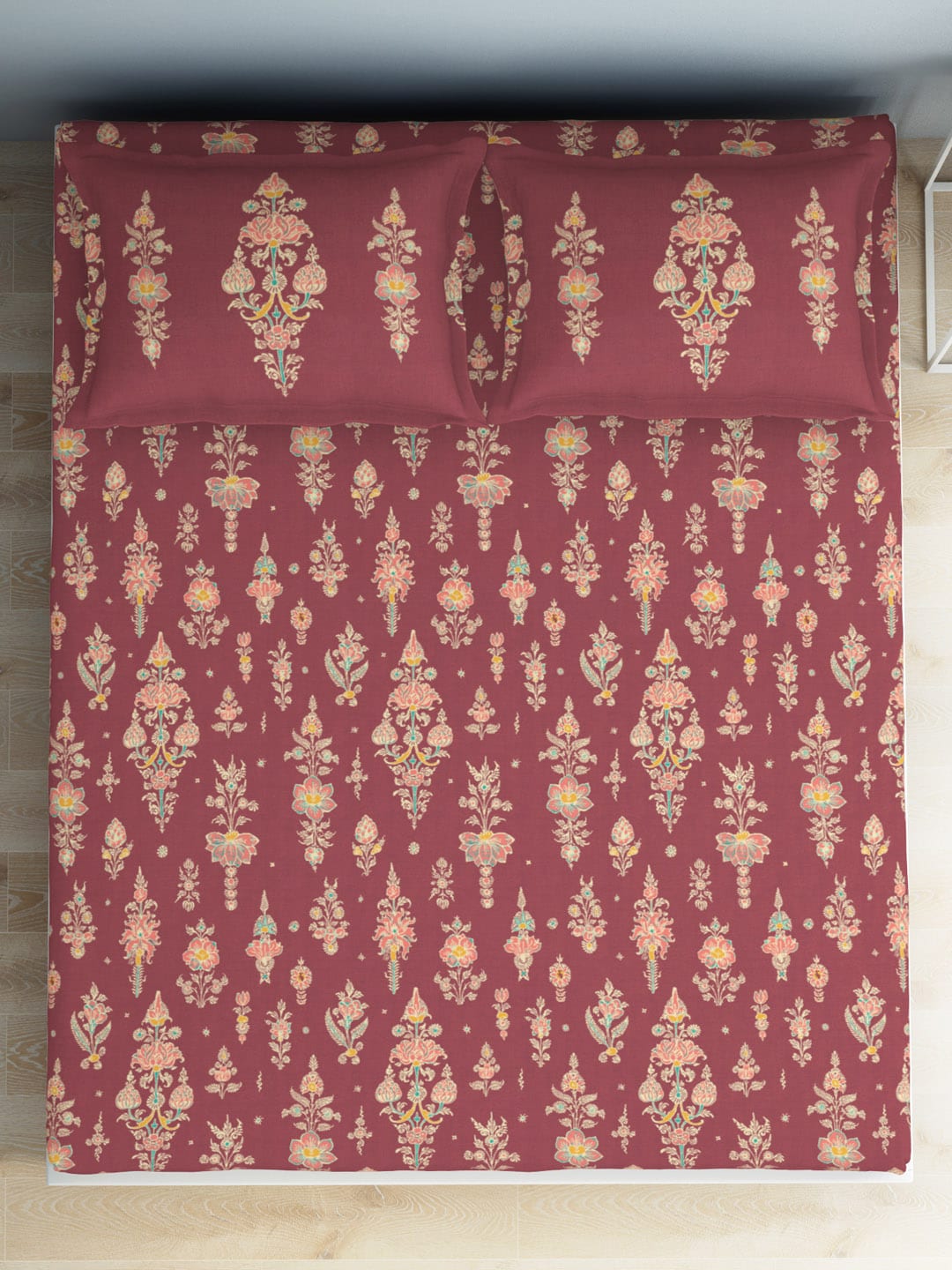 SPACES Aurum Red Ethnic Motifs Pure Cotton 140 TC Queen Bedsheet with 2 Pillow Covers