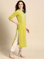 Sangria Women Lime Green Floral Embroidered Thread Work Pastels Kurta