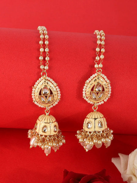 Anikas Creation Cream-Coloured & Gold Toned Kundan & Pearl Jadau Dome Shaped Jhumkas