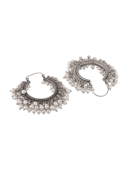 Shoshaa Silver-Toned & White Contemporary Hoop Earrings