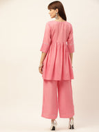 Sangria Peach-Coloured Zari Gotta Patti Pleated A-Line Pure Cotton Kurti With Palazzo