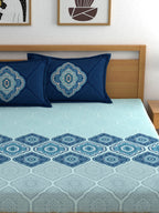 Dreamscape Blue Ethnic Motifs 140 TC Fitted Cotton King Bedsheet & Pillow Covers - Distacart
