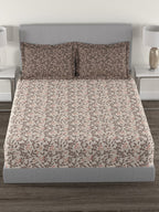 MYTRIDENT Brown White Floral Cotton 144 TC Queen Bedsheet With 2 Pillow Covers