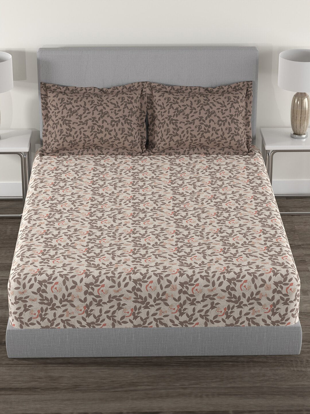 MYTRIDENT Brown White Floral Cotton 144 TC Queen Bedsheet With 2 Pillow Covers