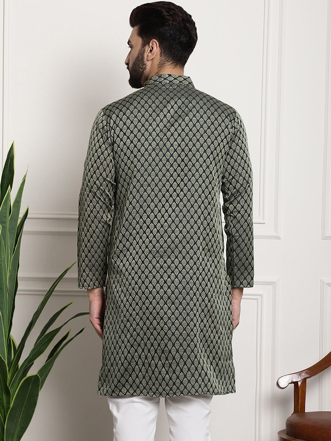 Sojanya Men Green & Beige Jacquard Silk Kurta