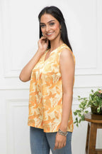 Myshka Women Mustard Floral V-Neck No Sleeves Polyester Top - Distacart