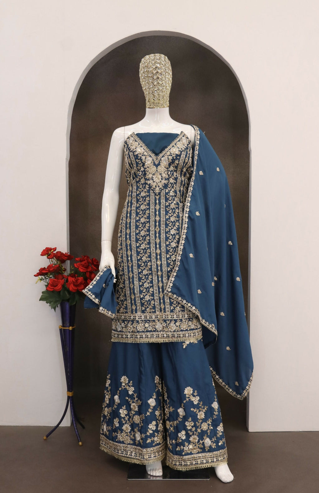 Anaita Teal Blue Chinon Stitched Suit with Embroidery Codding Sequence Work - Distacart