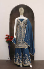 Anaita Teal Blue Chinon Stitched Suit with Embroidery Codding Sequence Work - Distacart