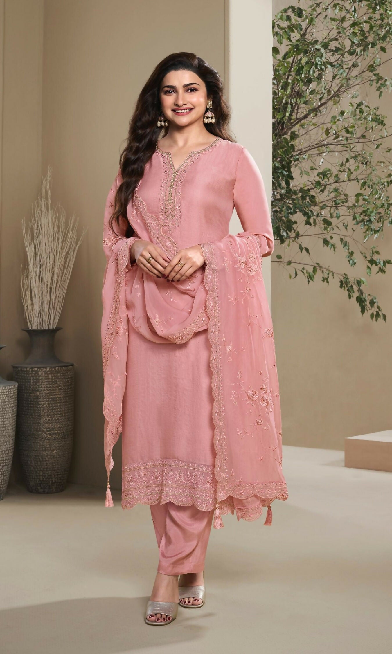 Anaita Peach Heavy Natural Crepe Stitched Suit with Embroidery & Zarkhan Work - Distacart