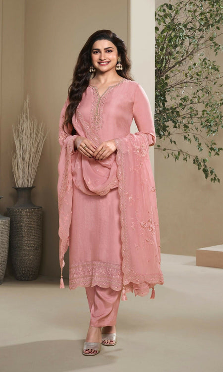 Anaita Peach Heavy Natural Crepe Stitched Suit with Embroidery & Zarkhan Work