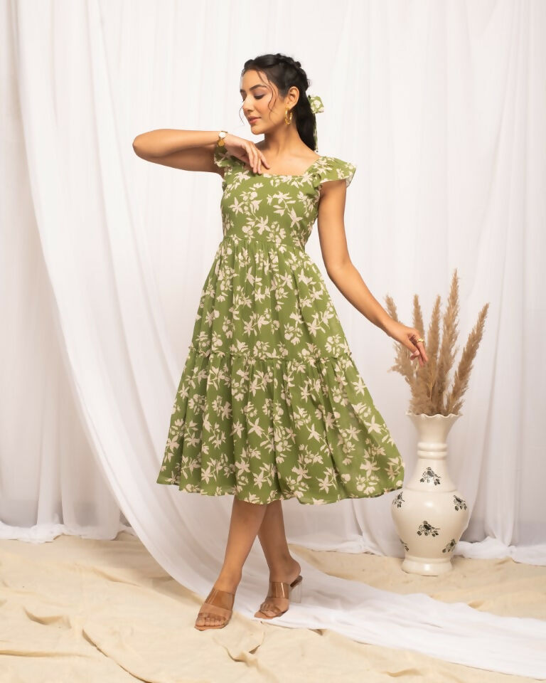 FIORRA Women's Mehandi Green Georgette Floral Printed Dress - Distacart