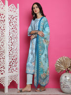 Jyoti Fashion Women's Turquoise Satin Traditional Digital Print with Crystal work Kurta with Trouser & Dupatta