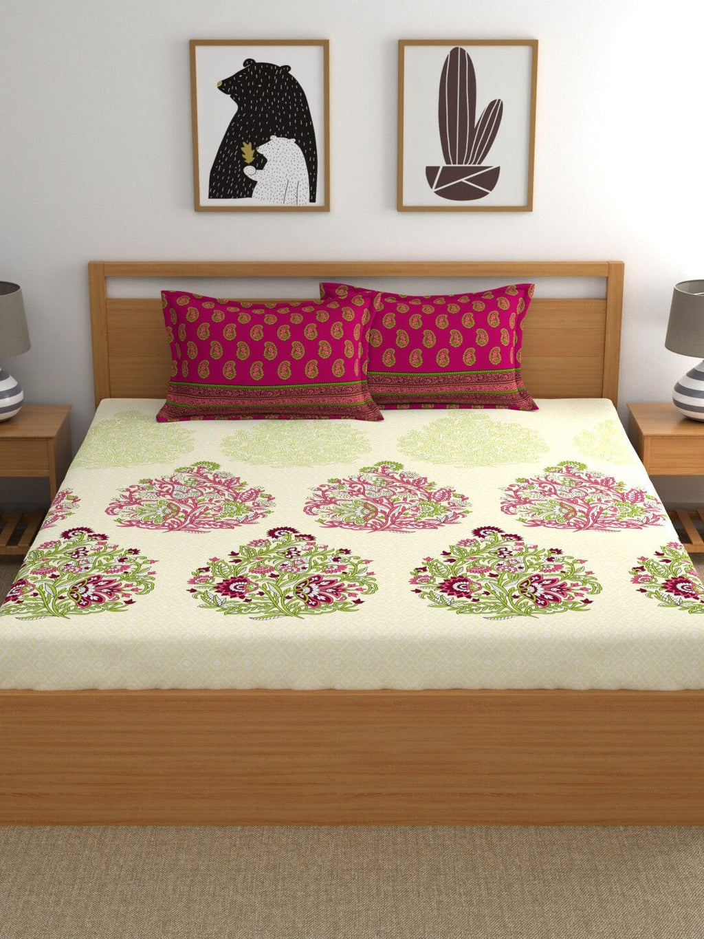 My Room Pink & Green Ethnic Motifs 140 TC Fitted Cotton King Bedsheet & Pillow Covers