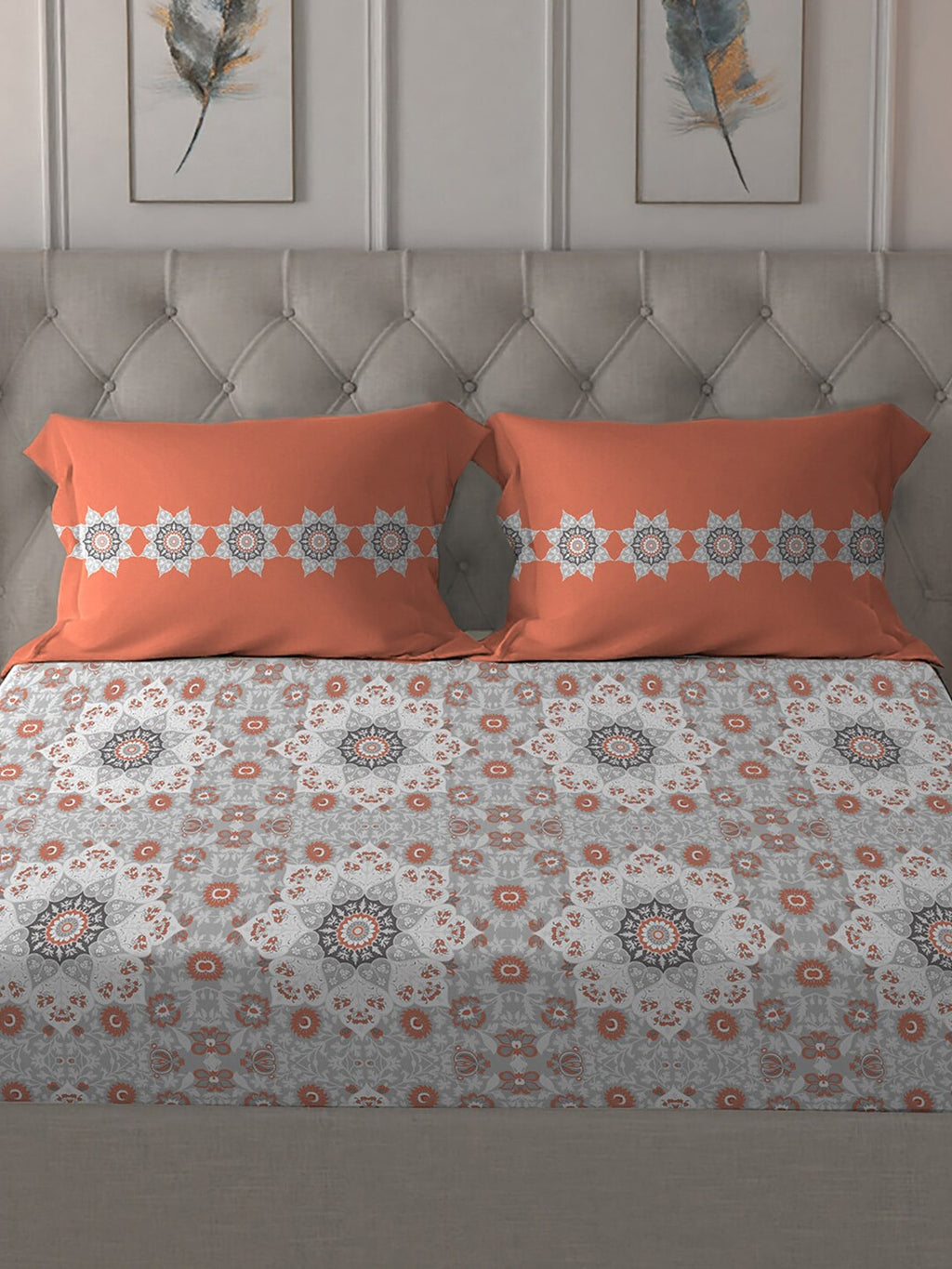 MYTRIDENT Grey White Floral Pure Cotton 144 TC Queen Bedsheet With 2 Pillow Covers - Distacart