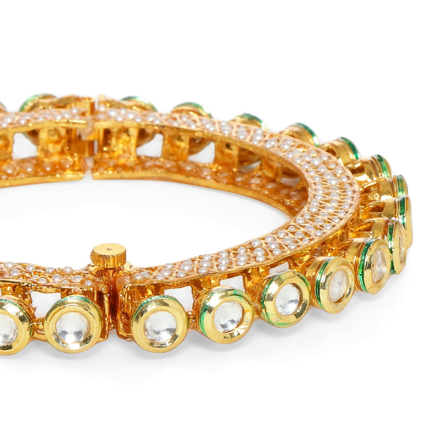 Kundan and Pearl Studded Bangle (Gold) - Ruby Raang - Distacart