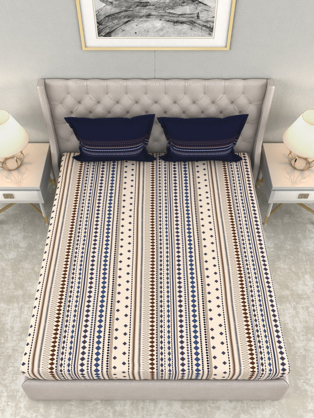MYTRIDENT Multicoloured Blue Geometric 120 TC Cotton 1 Queen Bedsheet with 2 Pillow Covers