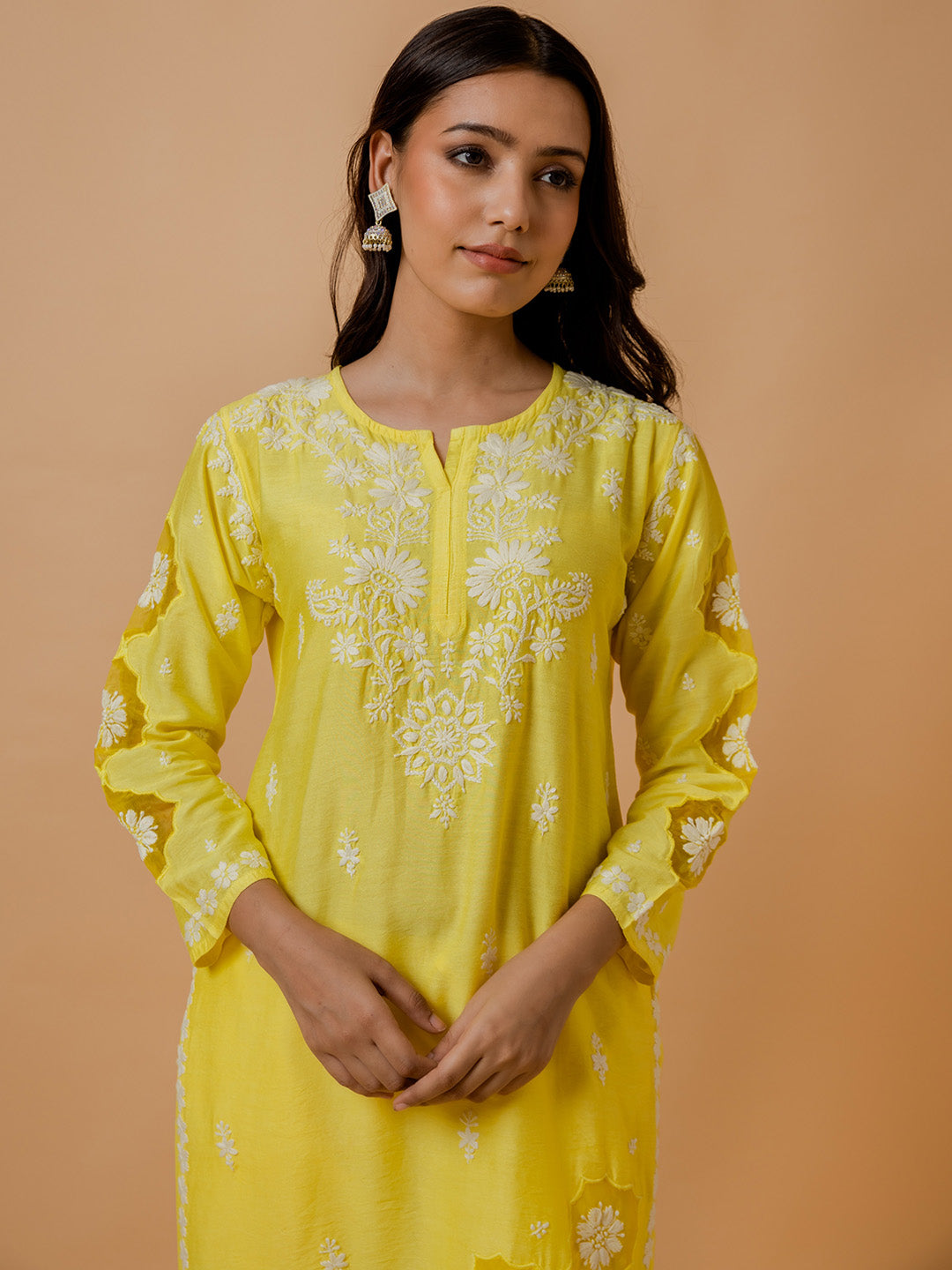 HOUSE OF KARI Ethnic Motifs Embroidered Round Neck Chikankari Chanderi Silk Kurta