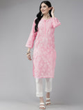 ADA Women Pink & White Ethnic Motifs Embroidered Chikankari Cotton Kurta