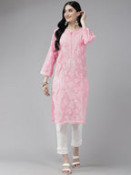 ADA Women Pink & White Ethnic Motifs Embroidered Chikankari Cotton Kurta