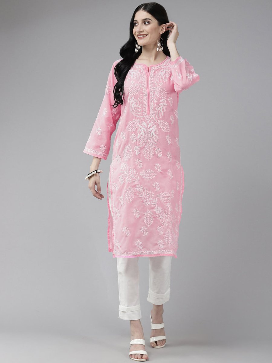 ADA Women Pink & White Ethnic Motifs Embroidered Chikankari Cotton Kurta
