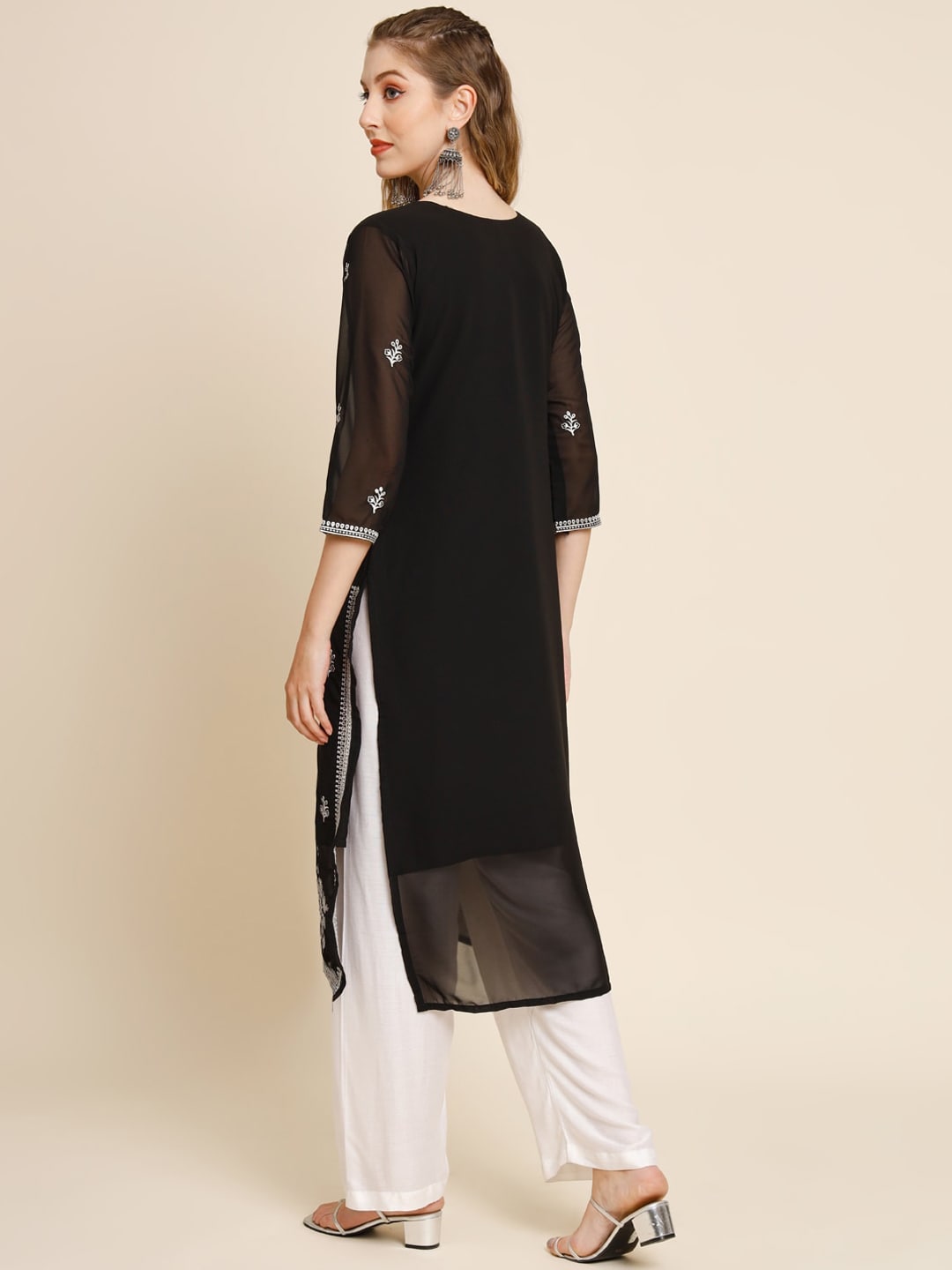 HERE&NOW Ethnic Motifs Embroidered Sequined Georgette Kurta