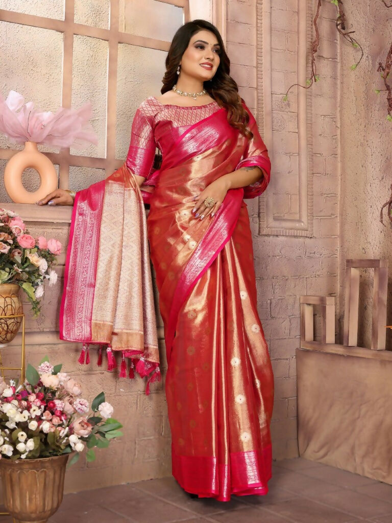 Anaita Pink Tissue Silk With Zari Weaving Saree With Blouse
