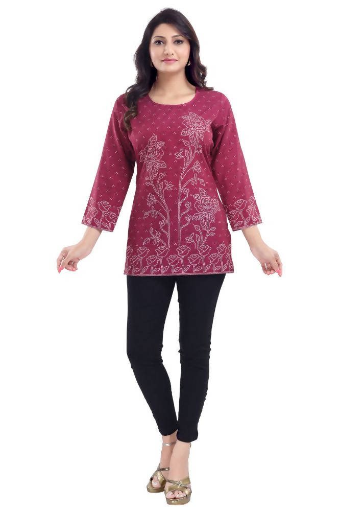 Snehal Creations Magenta Faux Crepe Short Kurti Tunic Top