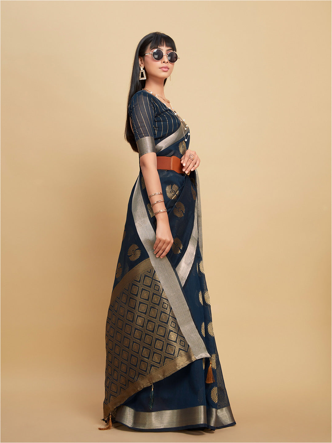 Sangria Navy Blue Ethnic Motifs Woven Design Zari Saree - Distacart