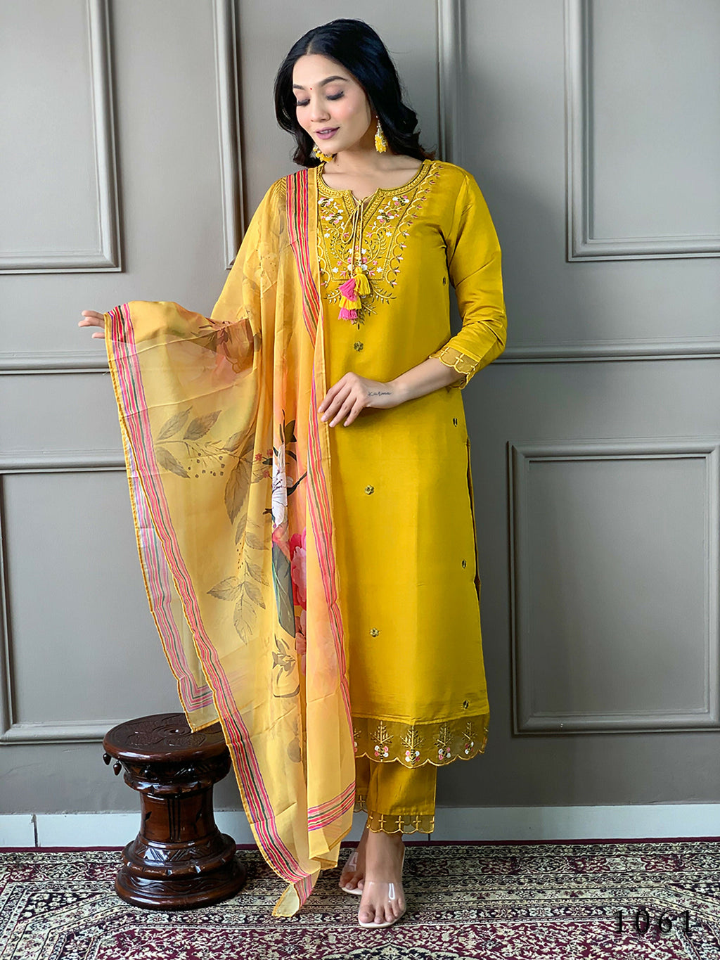 Partywear Designer Chanderi Mustard Stitched Suit With Dupatta - Tanisha