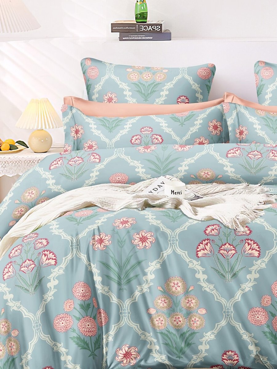 AEROHAVEN Premium Blue & Pink Ethnic Motifs Cotton 300 TC King Bedsheet & 2 Pillow Covers