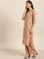 Sangria Women Dusty Pink & Brown Pure Cotton Printed Kurta with Palazzos & Dupatta