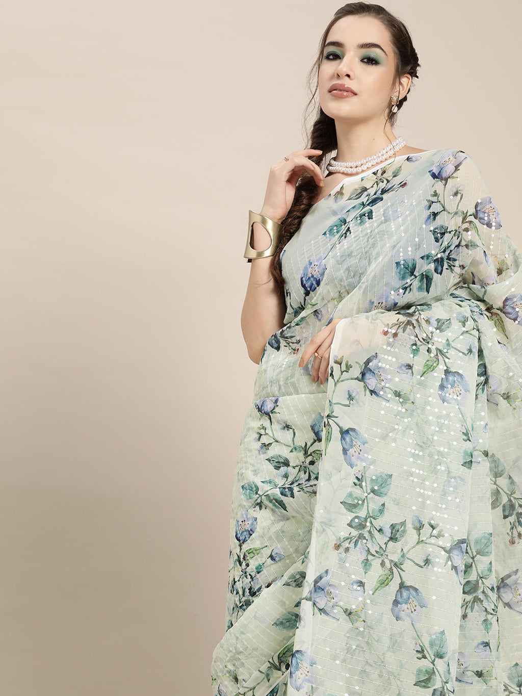 Saree Mall Blue Floral Sequinned Linen Blend Chanderi Saree - Distacart