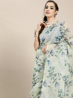 Saree Mall Blue Floral Sequinned Linen Blend Chanderi Saree - Distacart