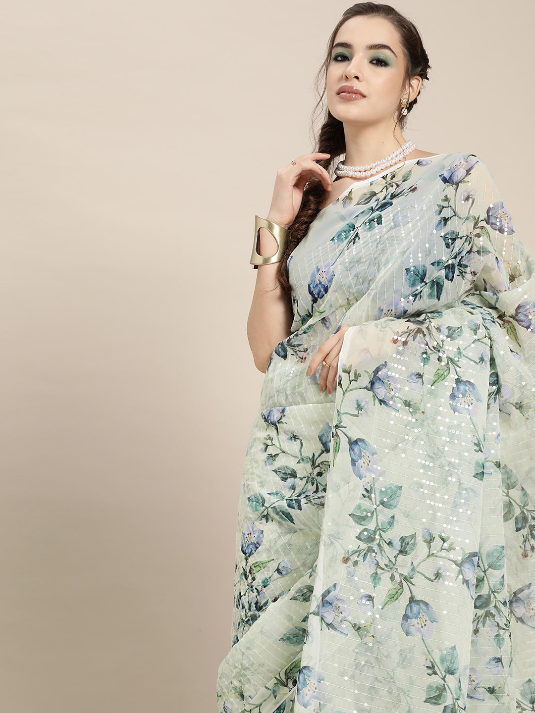 Saree Mall Blue Floral Sequinned Linen Blend Chanderi Saree - Distacart