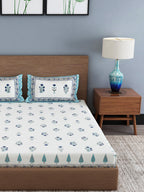 Rajasthan Decor Cream-Coloured & Blue Ethnic Motifs 180 TC Cotton 1 King Bedsheet with 2 Pillow Covers