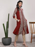Sangria Women Maroon & Beige Printed Straight Kurta