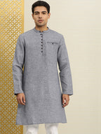 House of Pataudi Men Navy Blue & White Woven Design Straight Kurta