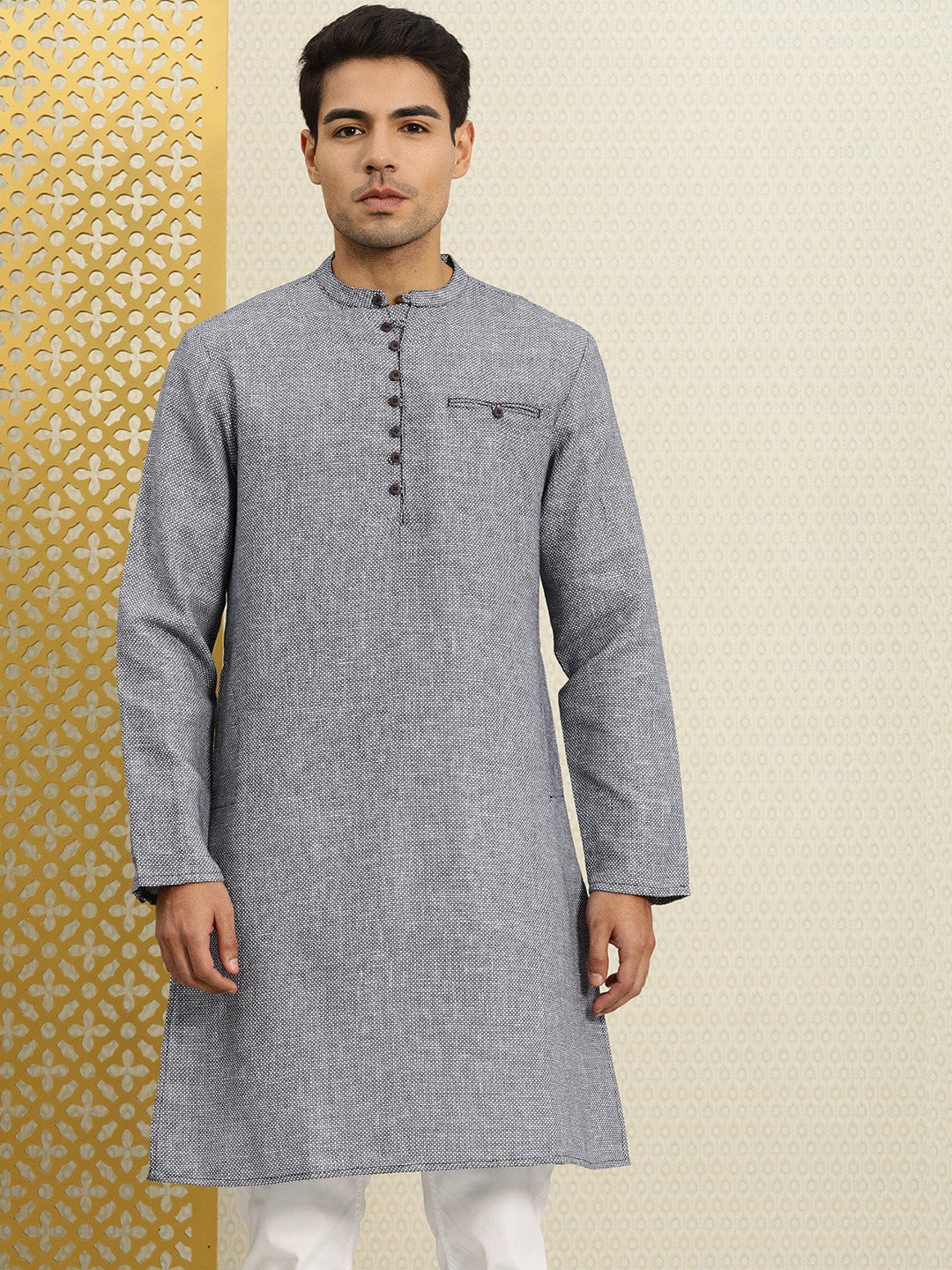 House of Pataudi Men Navy Blue & White Woven Design Straight Kurta