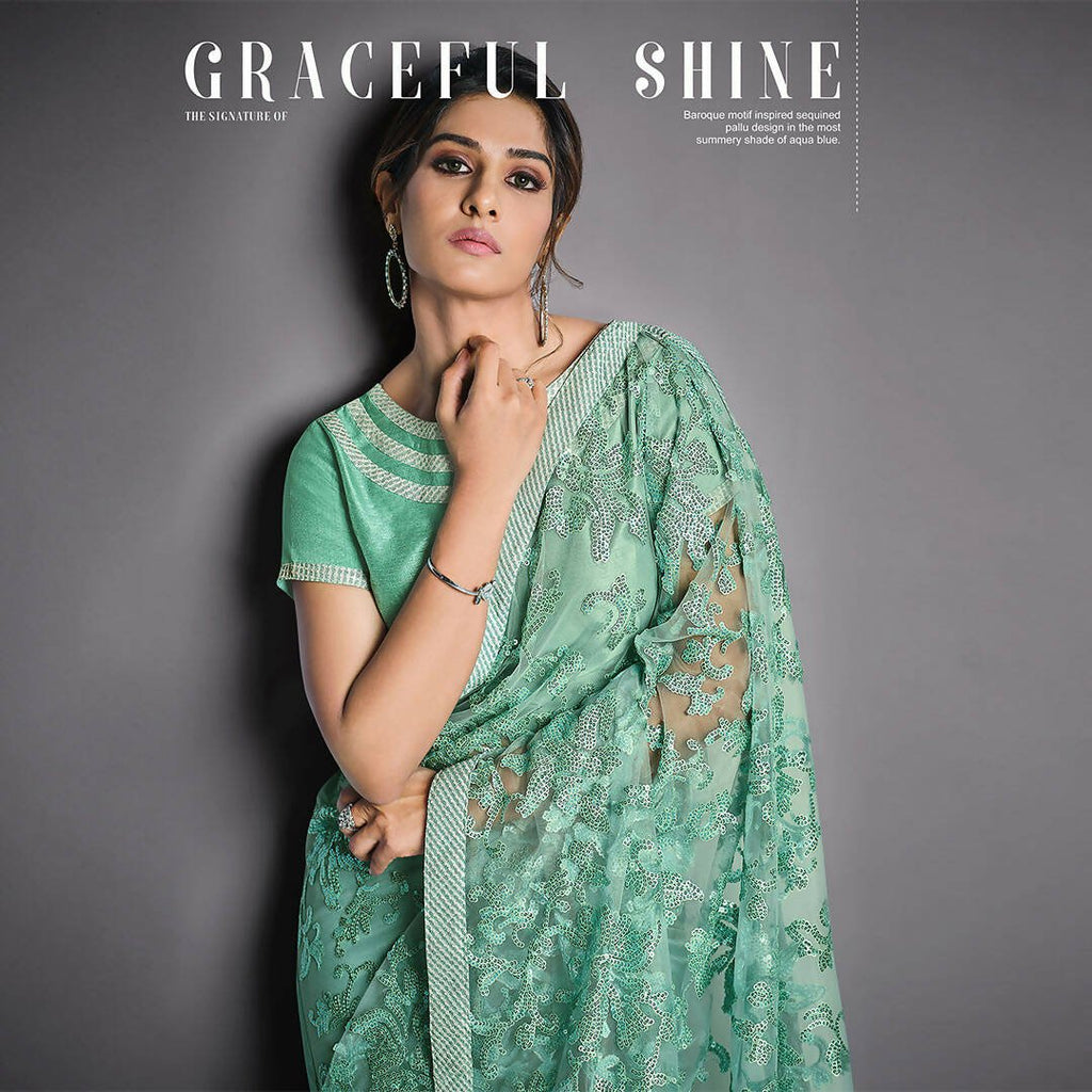Aqua Green Lycra, Net Raw Silk Sequins Embroidery Saree - Norita Eileen