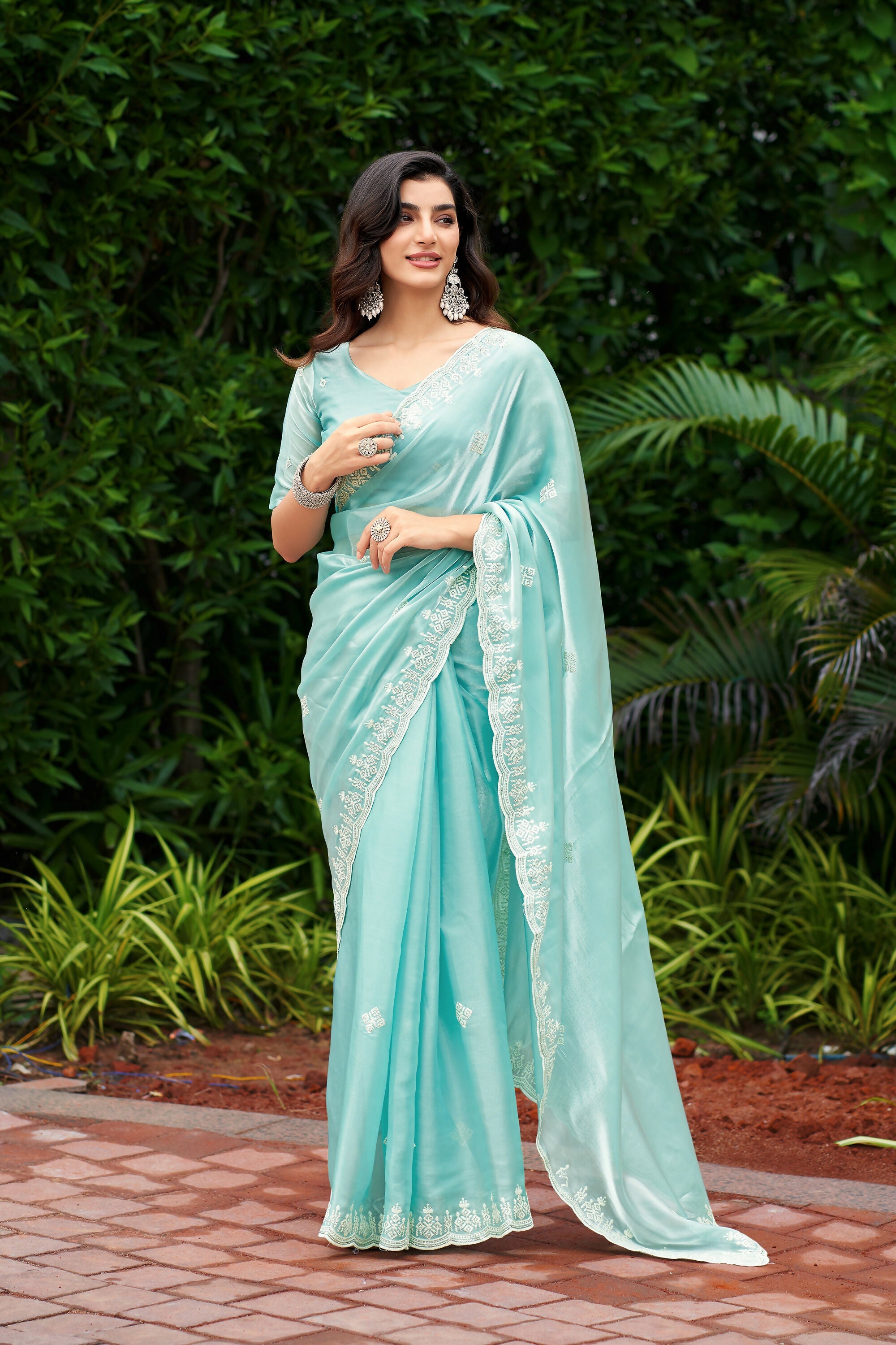 Vastranavya Turquoise Embroidery Work Shimmer Chiffon Saree with Unstitched Blouse - Distacart