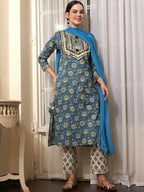 Sangria Blue Ethnic Motifs Printed Cotton Kurta with Trousers & Dupatta