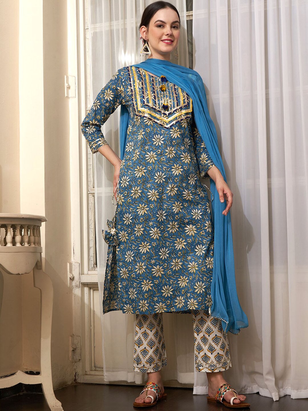 Sangria Blue Ethnic Motifs Printed Cotton Kurta with Trousers & Dupatta