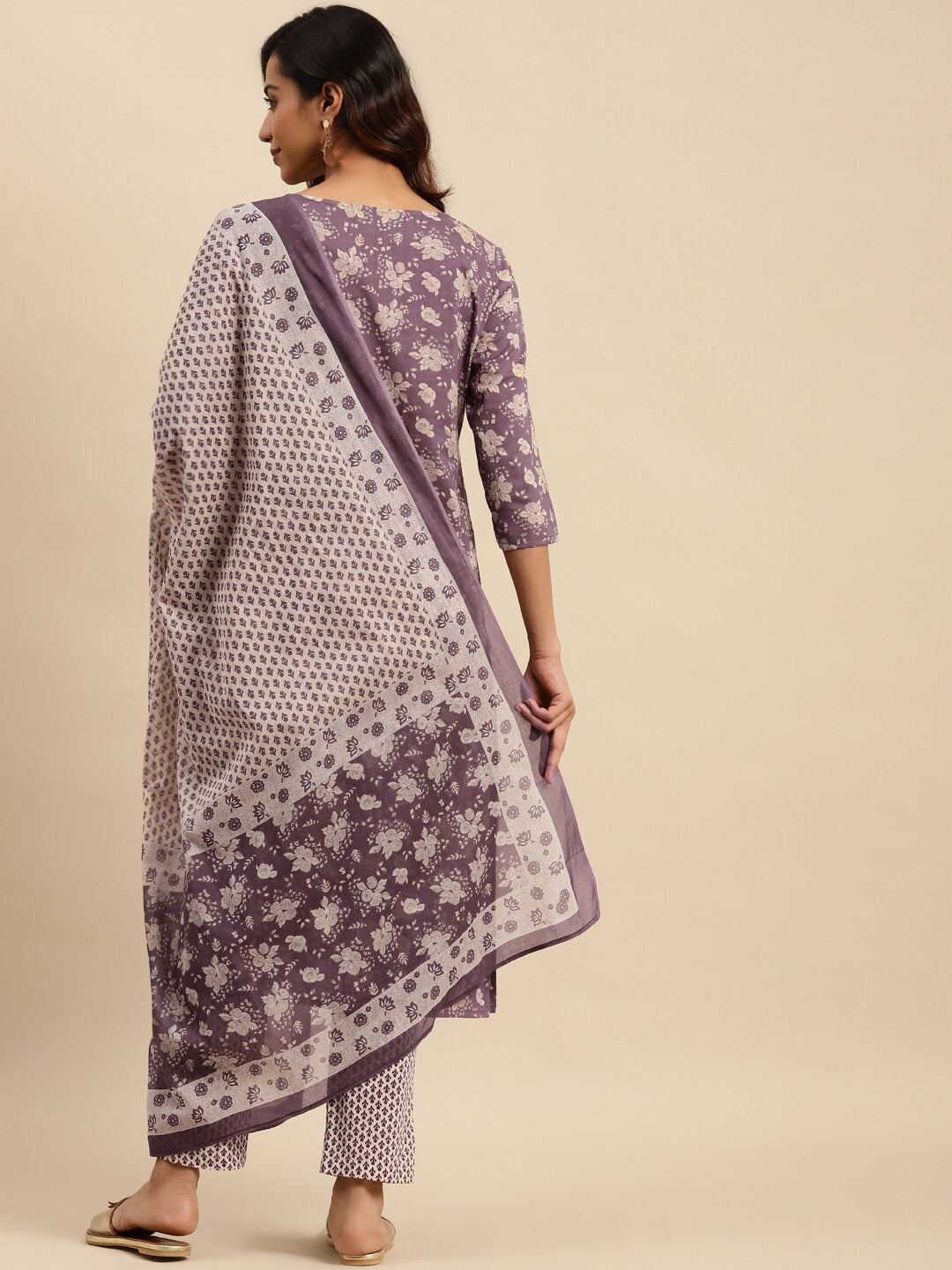 Sangria Maroon Floral Printed Pure Cotton Kurta With Trouser & Dupatta