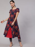 Aks Floral Printed Round Neck A-Line Kurta