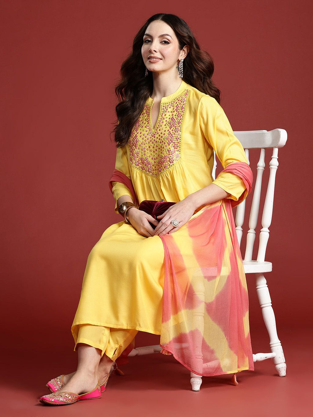 Indo Era Women Embroidered Panelled Mirror Work Pure Cotton Kurta with Trousers & Dupatta - Distacart