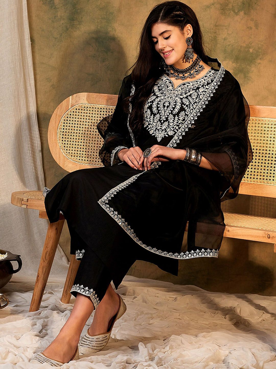 Indo Era Floral Yoke Design Regular Thread Work Kurta With Trousers & Dupatta - Distacart
