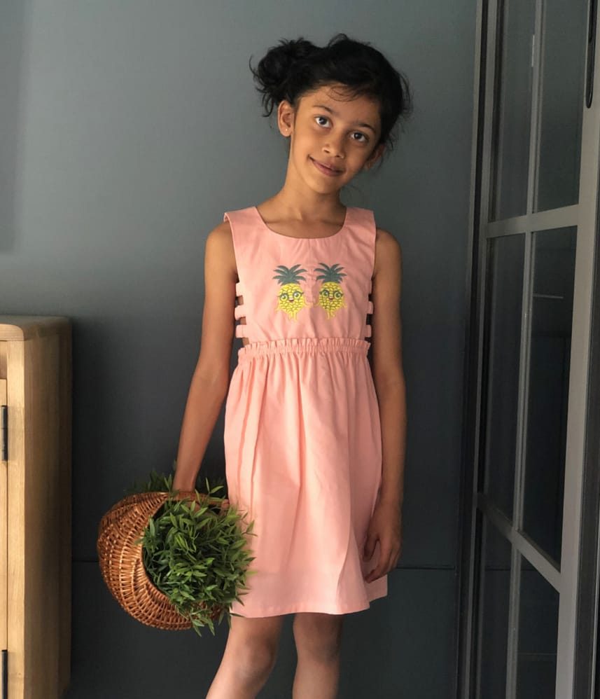 ArthLife Peach Pineapple Embroidered Dress